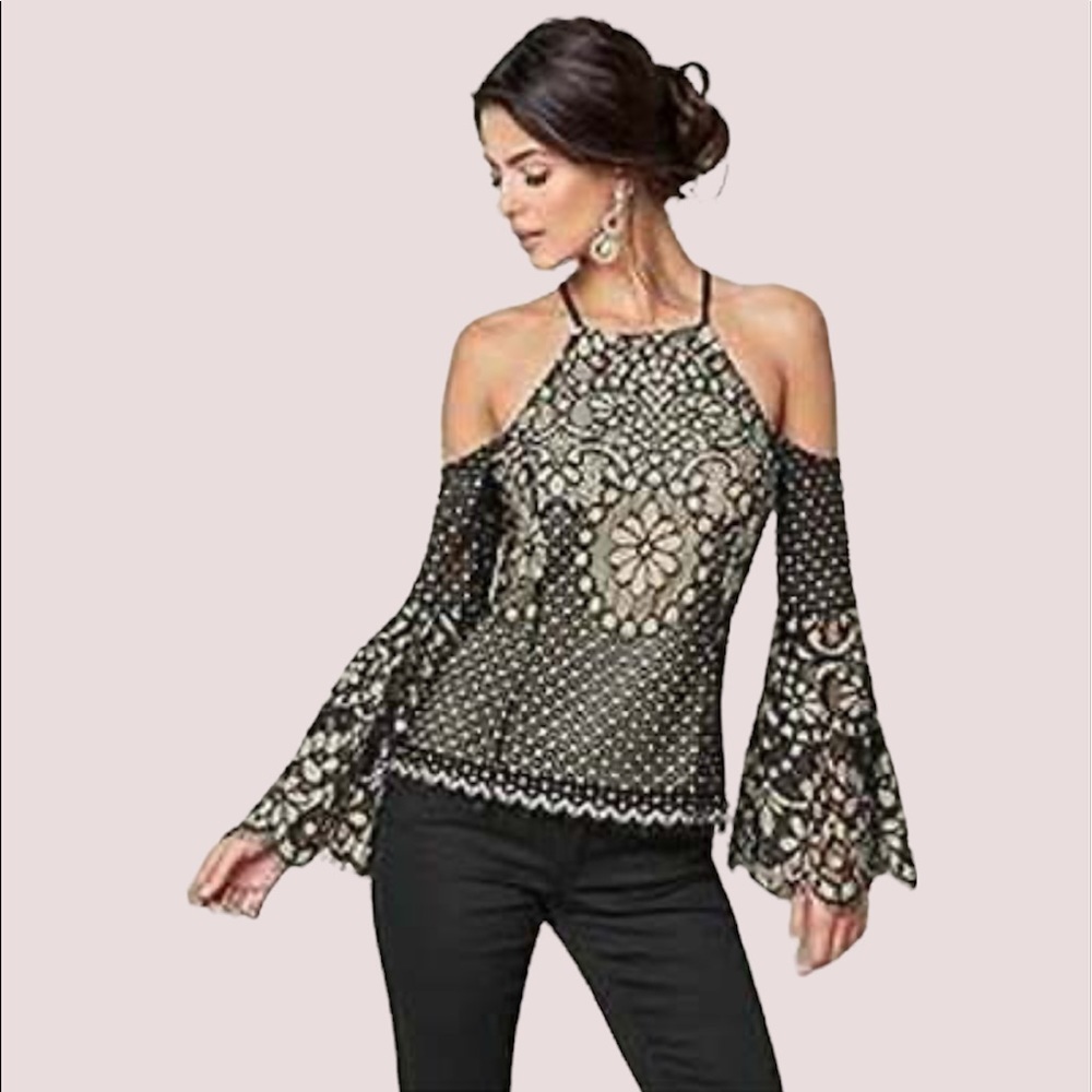 Venus black lace bell bottom sleeve top size 10